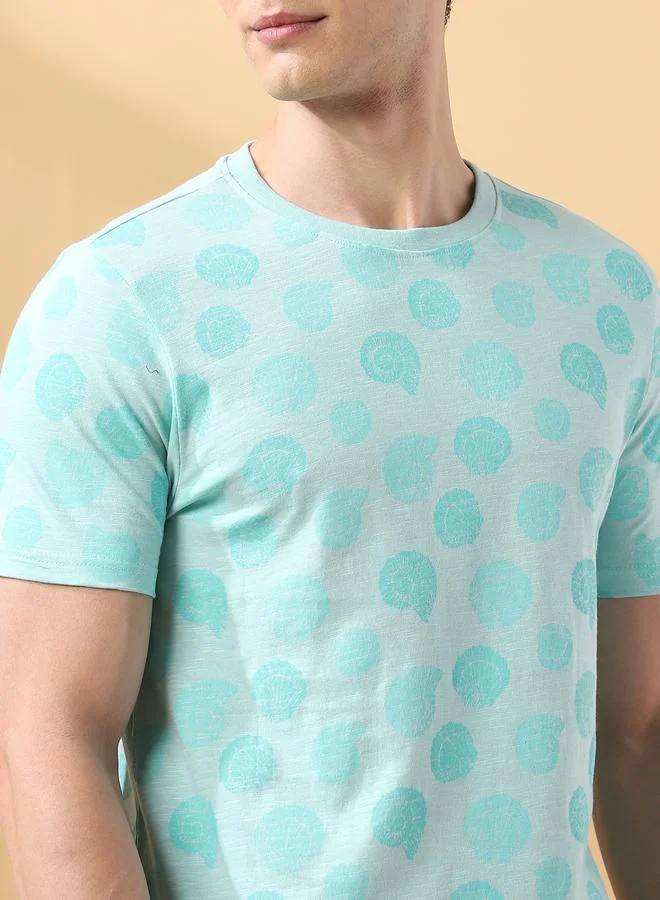 Dennis Lingo Men's Eggshell Blue 100% Cotton Printed Regular Fit T-Shirt