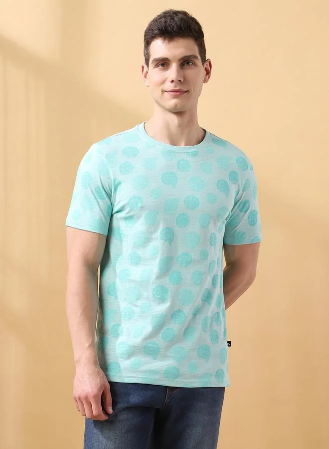 Dennis Lingo Men's Eggshell Blue 100% Cotton Printed Regular Fit T-Shirt