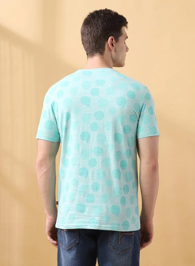 Dennis Lingo Men's Eggshell Blue 100% Cotton Printed Regular Fit T-Shirt