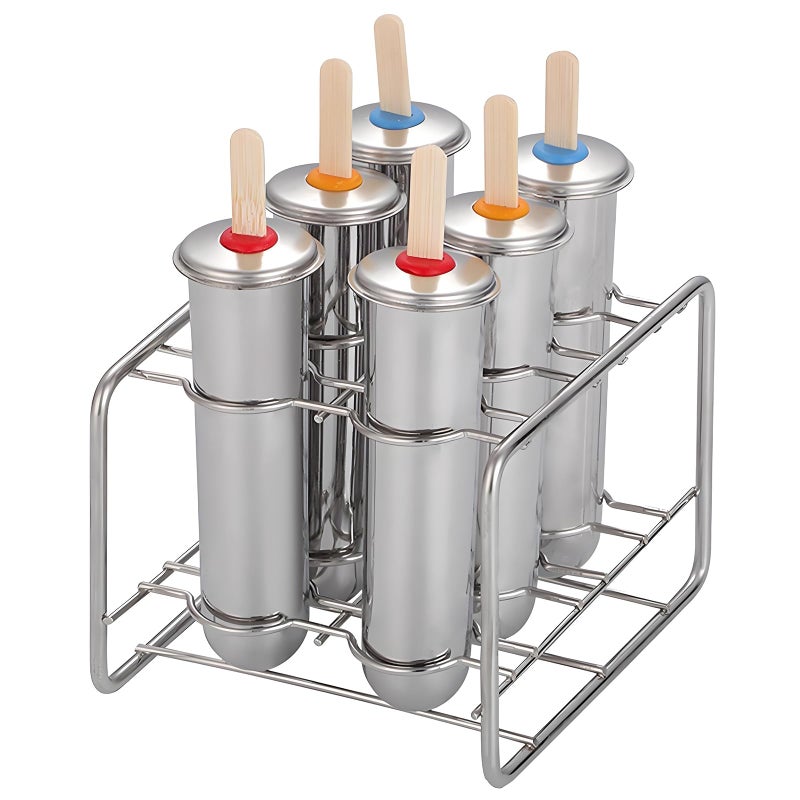ELEMONY Stainless Steel Popsicle Molds, Set of 6 Ice Cream Maker, Ice Pop Molds With Holder, Metal Reusable Homemade Popsicle Molds with Sticks and Bags (Round Cup, No Slot) - Image 1
