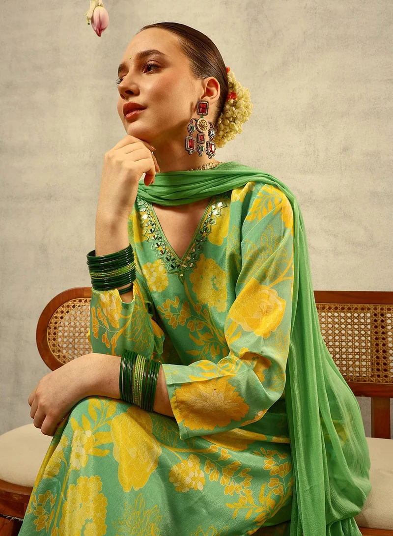 آي شين كرتة مستقيمة مطبوعة بالزهور ديجيتال ومطرزة بالمرآة مع بنطلون ودوباتا