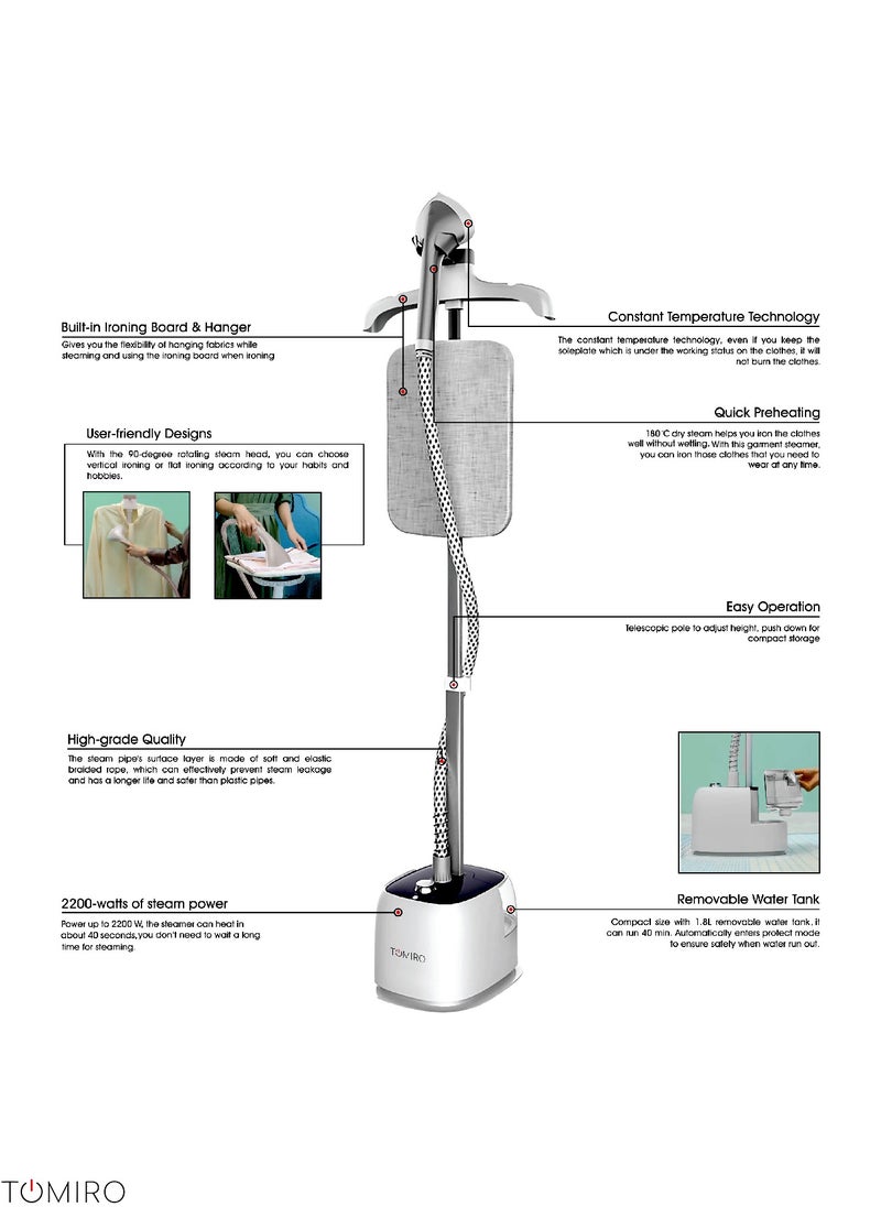 TOMIRO - Garment Steamer With Suit Hanger System, 10 Steam Levels, Overheating Protection, Wrinkle-Free, High-Quality Telescopic Poles, 50Min Steam, Ideal For Home And Business Use 1.8 L 2200 W - Image 1