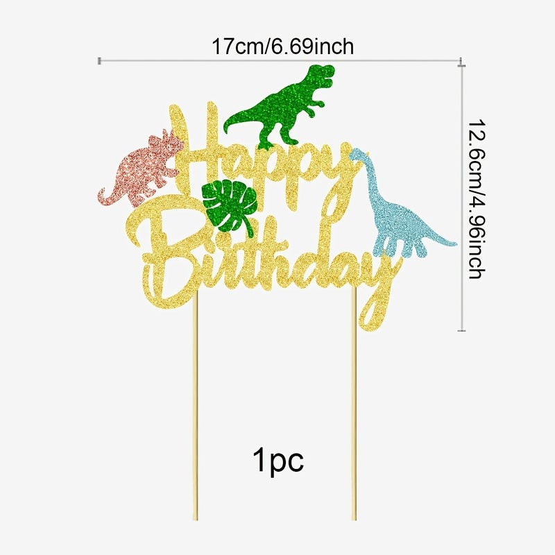 Polychrome Glitter Dinosaur Happy Birthday Cake Topper For Dino Theme Party Decorations - Image 2