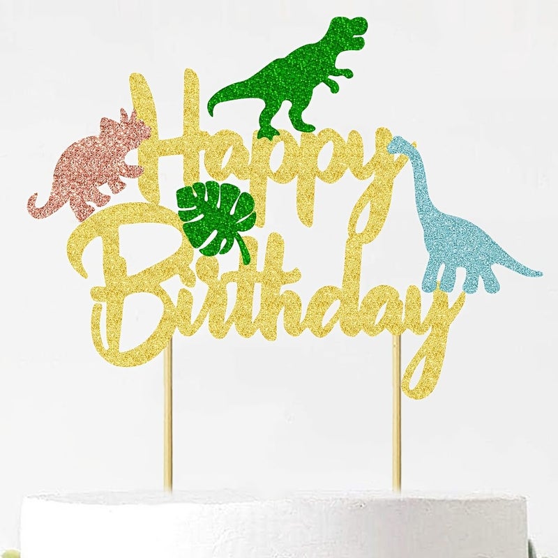 Polychrome Glitter Dinosaur Happy Birthday Cake Topper For Dino Theme Party Decorations - Image 3