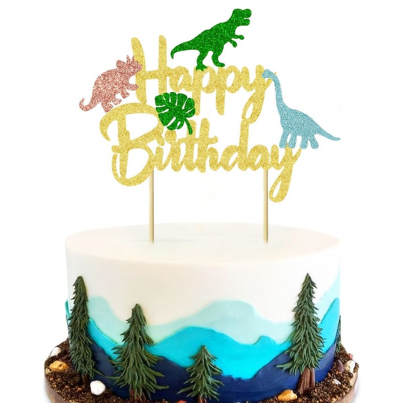 Polychrome Glitter Dinosaur Happy Birthday Cake Topper For Dino Theme Party Decorations - Image 1