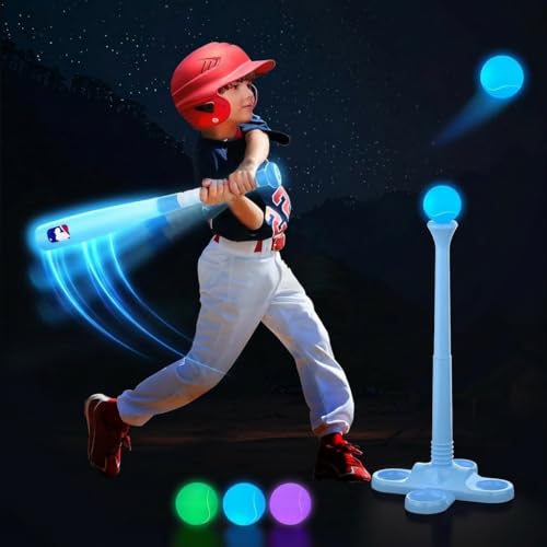 Leshein LED Tball Set for Toddlers 35 58 Light up Tee Ball Set for Toddlers Glow in The Dark T Ball Set for Kids 35 Kids Outdoor Toys Baseball Toys Gifts for Boys Girls Blue - Image 1
