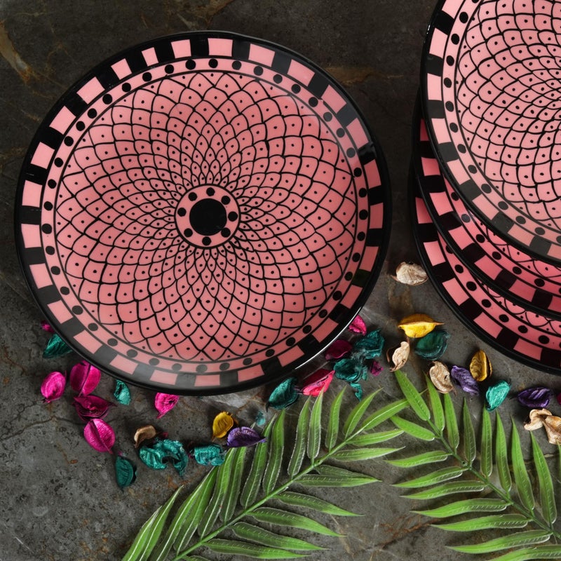 Caffeine Ceramic Handmade Pink Flora Pattern Quarter Plate 7”(Set of 4) - Image 1