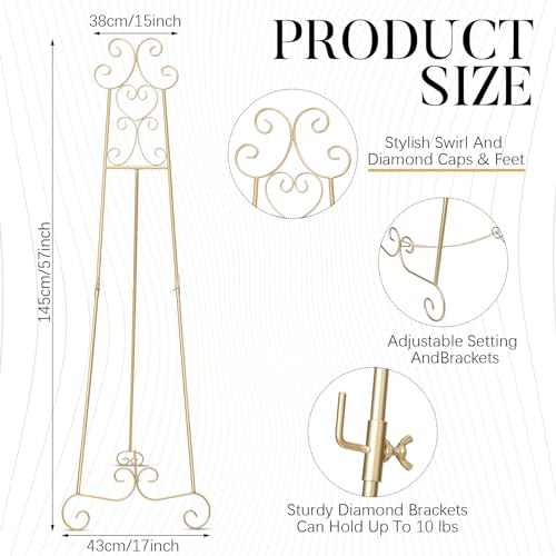 GlikCeil 57" H Gold Metal Scroll Easel Stand for Display Wedding Sign Poster Adjustable Portable Art Easels Poster Easel with Chain Support for Showcasing Pictures Artwork Coffee Exhibition Canvas - Image 3