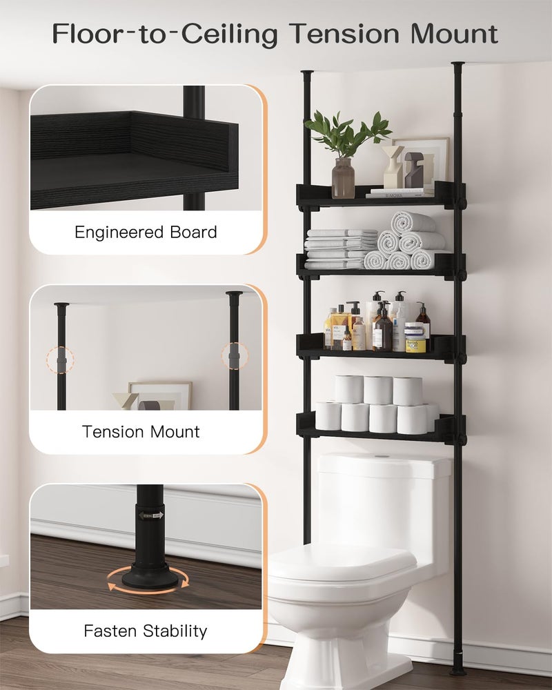 ALLZONE 4 Tier Over The Toilet Storage, Adjustable Wood Over Toilet Bathroom Organizer, Freestanding Shelves, Fit Most Showers Over The Toilet Shelf, 92 to 116 Inch Tall, Black - Image 5