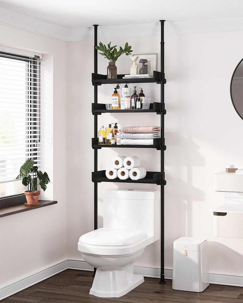 ALLZONE 4 Tier Over The Toilet Storage, Adjustable Wood Over Toilet Bathroom Organizer, Freestanding Shelves, Fit Most Showers Over The Toilet Shelf, 92 to 116 Inch Tall, Black - Image 1