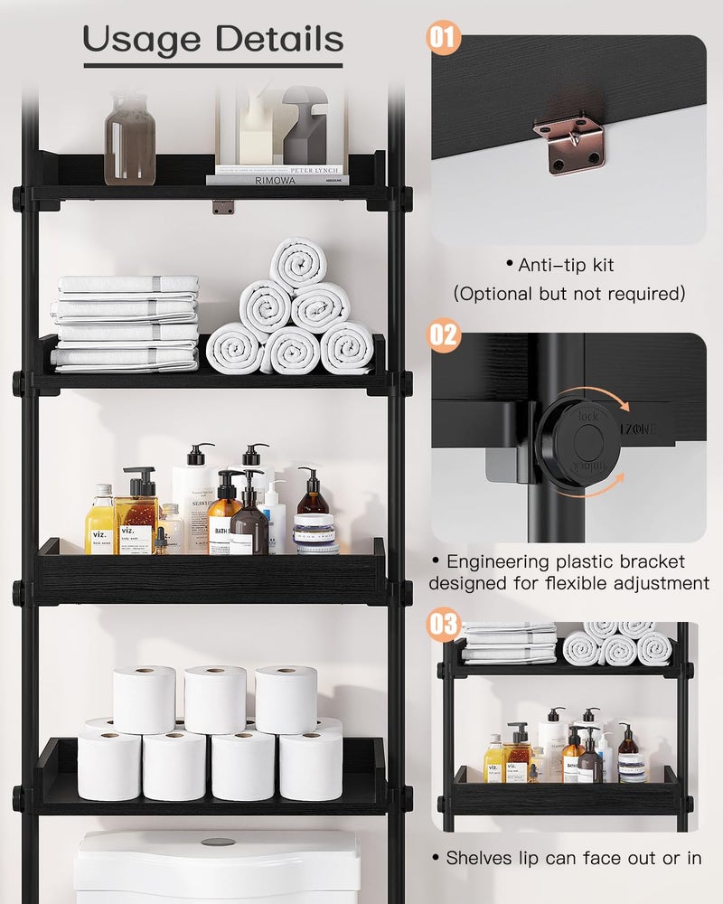 ALLZONE 4 Tier Over The Toilet Storage, Adjustable Wood Over Toilet Bathroom Organizer, Freestanding Shelves, Fit Most Showers Over The Toilet Shelf, 92 to 116 Inch Tall, Black - Image 3
