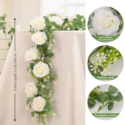 Dolicer 4Pcs 26Ft Artificial Eucalyptus Garlands with Flowers - 8 Roses, Faux Floral Greenery Garlands Fake Flowers Vines for Wedding Table Centerpieces Arch Party Ceremony Backdrop Decor (White) - Image 4