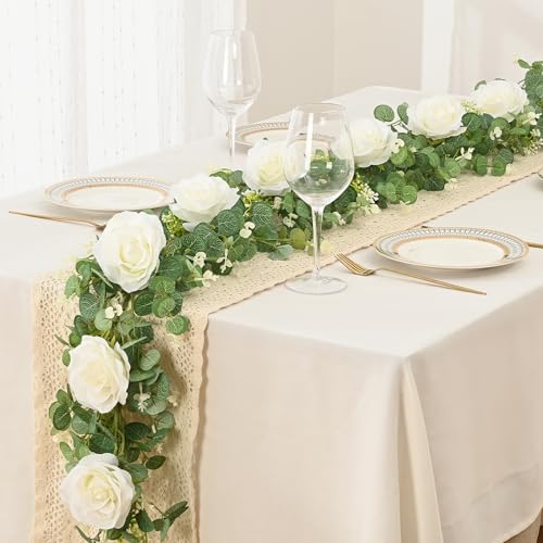 Dolicer 4Pcs 26Ft Artificial Eucalyptus Garlands with Flowers - 8 Roses, Faux Floral Greenery Garlands Fake Flowers Vines for Wedding Table Centerpieces Arch Party Ceremony Backdrop Decor (White) - Image 2