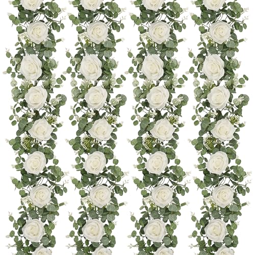 Dolicer 4Pcs 26Ft Artificial Eucalyptus Garlands with Flowers - 8 Roses, Faux Floral Greenery Garlands Fake Flowers Vines for Wedding Table Centerpieces Arch Party Ceremony Backdrop Decor (White) - Image 1