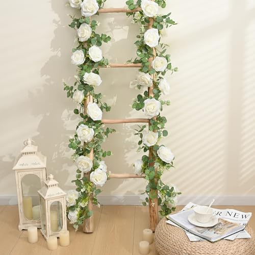 Dolicer 4Pcs 26Ft Artificial Eucalyptus Garlands with Flowers - 8 Roses, Faux Floral Greenery Garlands Fake Flowers Vines for Wedding Table Centerpieces Arch Party Ceremony Backdrop Decor (White) - Image 3