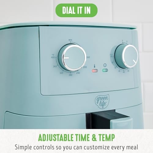 GreenLife 4.5QT Air Fryer, Mechanical Dial Controls, PFAS-Free Ceramic Nonstick Drawer, Adjustable Temp & Timer, LED Indicator, Oil-Less Cooking, Dishwasher Safe, Compact Family Size, Blue - Image 2