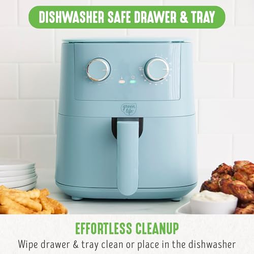 GreenLife 4.5QT Air Fryer, Mechanical Dial Controls, PFAS-Free Ceramic Nonstick Drawer, Adjustable Temp & Timer, LED Indicator, Oil-Less Cooking, Dishwasher Safe, Compact Family Size, Blue - Image 4