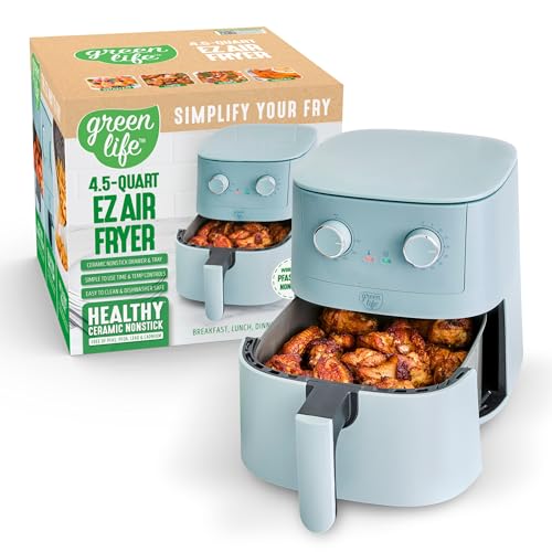 GreenLife 4.5QT Air Fryer, Mechanical Dial Controls, PFAS-Free Ceramic Nonstick Drawer, Adjustable Temp & Timer, LED Indicator, Oil-Less Cooking, Dishwasher Safe, Compact Family Size, Blue - Image 1