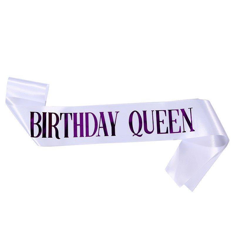 Birthday Queen Sash Satin Gold Belt White and purple