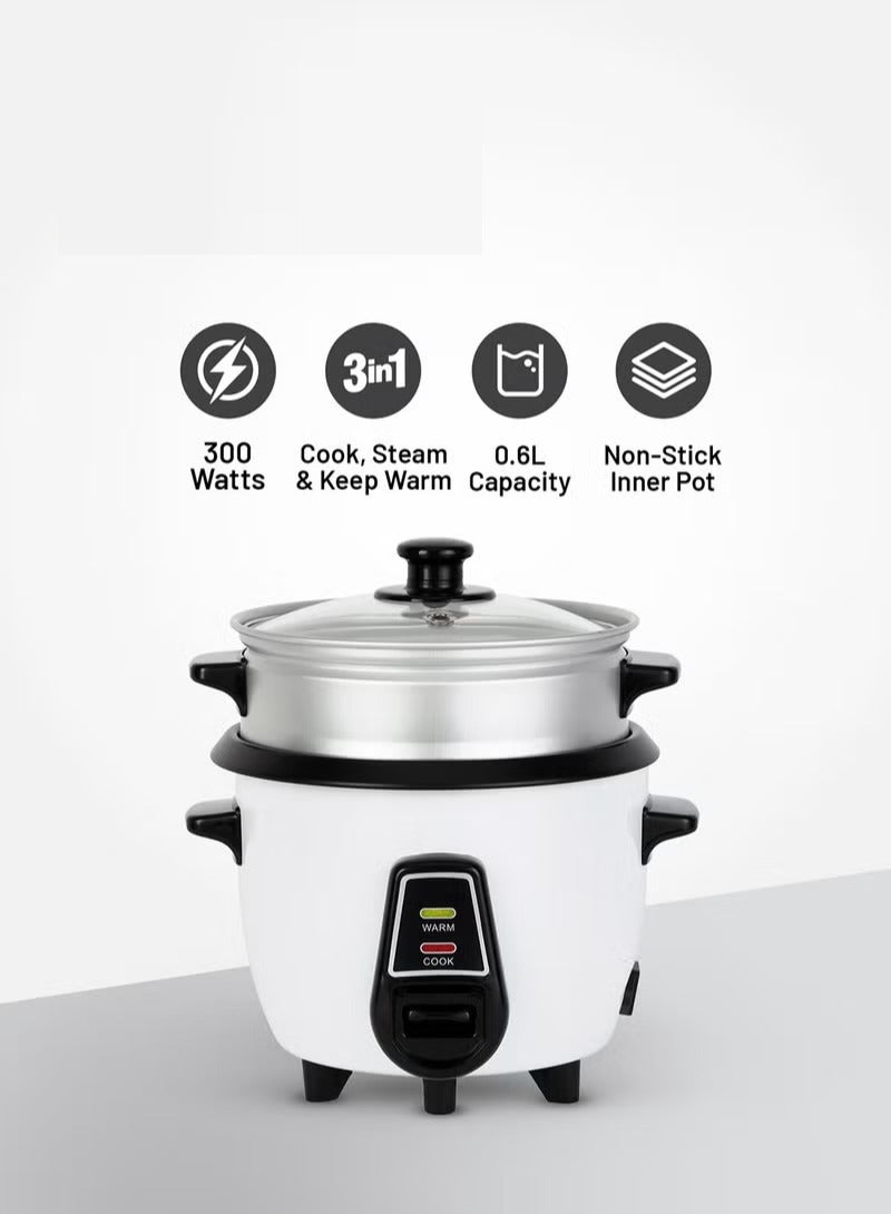 Electric Rice Cooker With Non-Stick Inner Pot And Stainless Steel Lid, Includes Warm/Cook And Steam Function/Rice Spoon And Measuring Cup/Perfect For Cooking Rice And Other Grains, Steaming Vegetables 0.6 L 300 W  White 