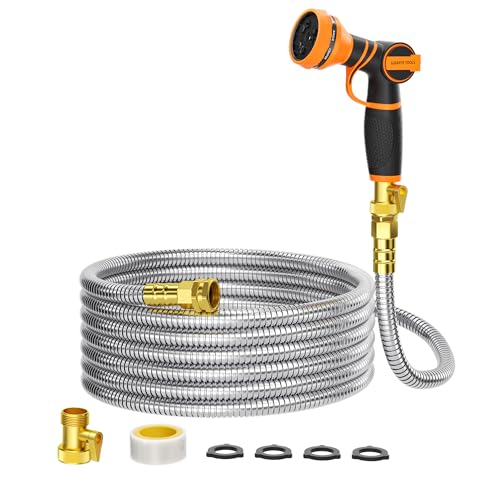 Giraffe Tools Garden Hose 50ft x 5/8", 304 Stainless Steel Metal Water Hose, No Kink Garden Water Hose with 9 Pattern Spray Nozzle, Flexible, Lightweight, Kink Free Hose for Yard, Outdoor - Image 1