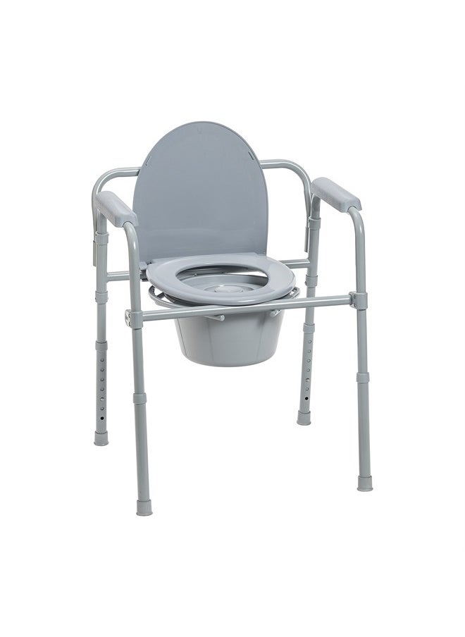 Drive Medical 11148-1 Folding Steel Bedside Commode Chair, Portable Toilet, Supports Bariatric Individuals Weighing Up To 350 Lbs, with 7.5 Qt. Bucket and 13.5 Inch Seat, Grey  - Image 1