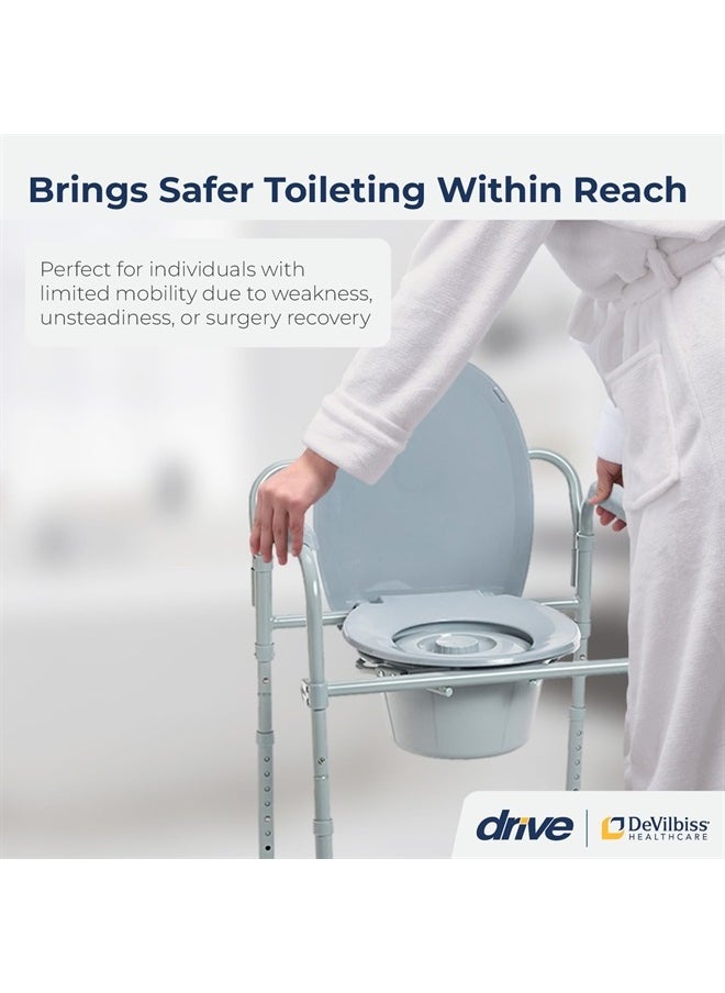 Drive Medical 11148-1 Folding Steel Bedside Commode Chair, Portable Toilet, Supports Bariatric Individuals Weighing Up To 350 Lbs, with 7.5 Qt. Bucket and 13.5 Inch Seat, Grey  - Image 2