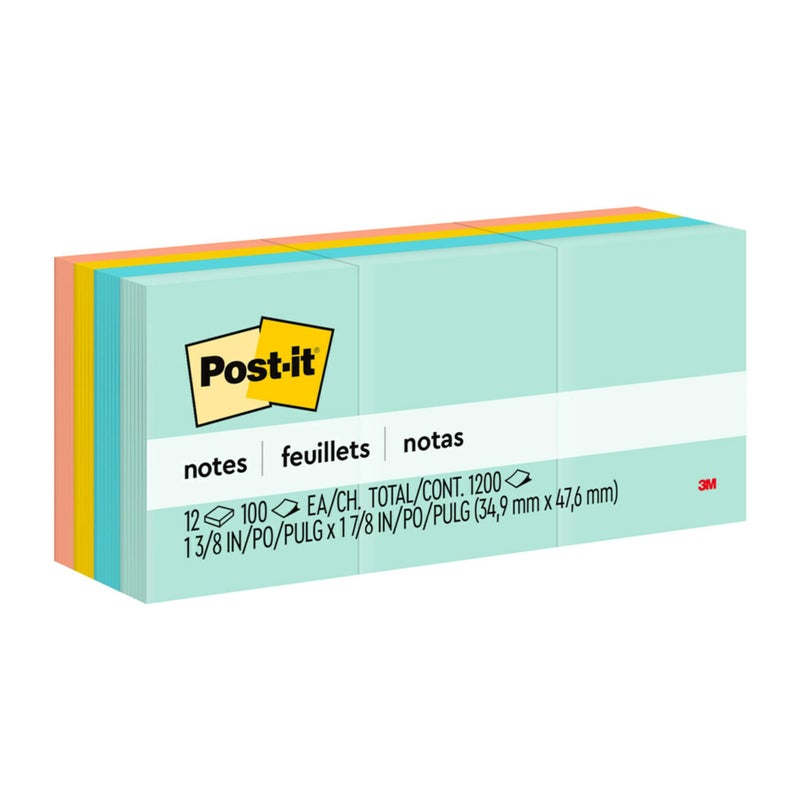 Post-it Notes, 1 3/8 in x 1 7/8 in, 12 Sticky Note Pads, 100 Sheets per Pad, Beachside CafÃ© Collection, School Supplies and Office Products - Image 1