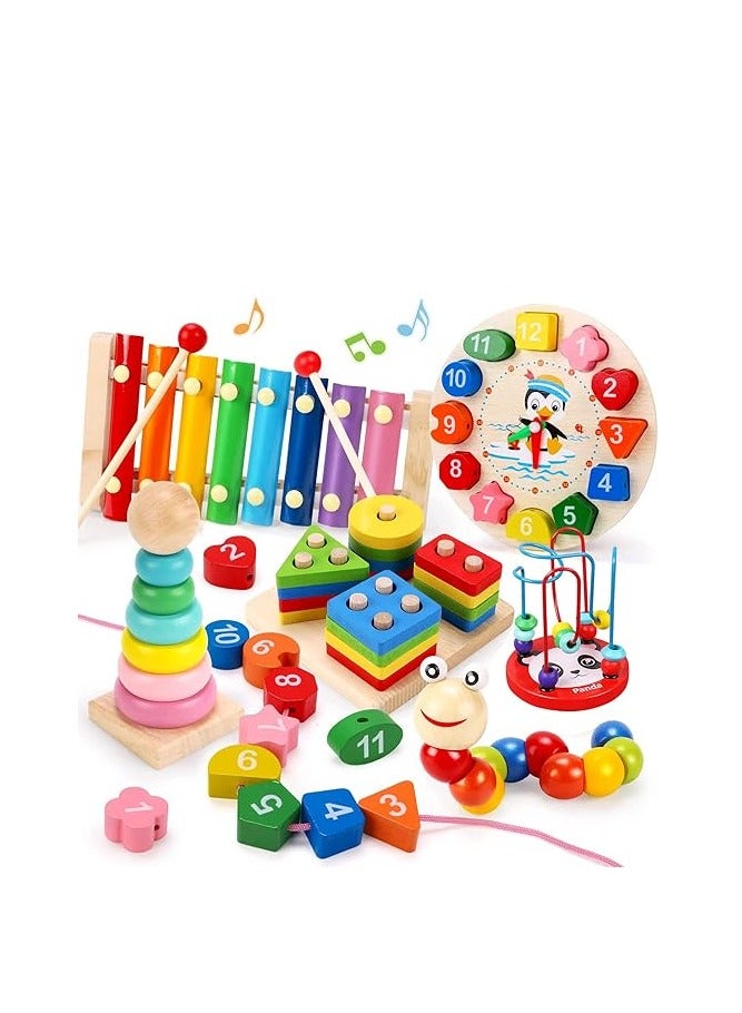 راكسوم ألعاب مونتيسوري للأولاد والبنات من عمر سنة وسنتين، 6 في 1 ألعاب خشبية للأطفال الصغار تتضمن التكديس والفرز وإكسيليفون ومتاهة الخرز للأطفال من سن 3 إلى 6 سنوات، هدايا تعليمية لمرحلة ما قبل المدرسة - Image 1