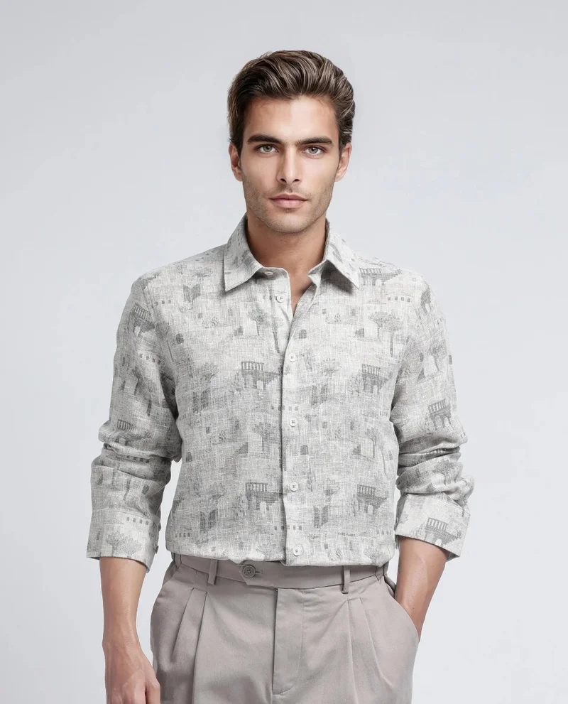 Rare Rabbit Rare Rabbit Men's Dine Khaki Cotton Fabric Full Sleeve Collared Neck Button Closure Printed Shirt
