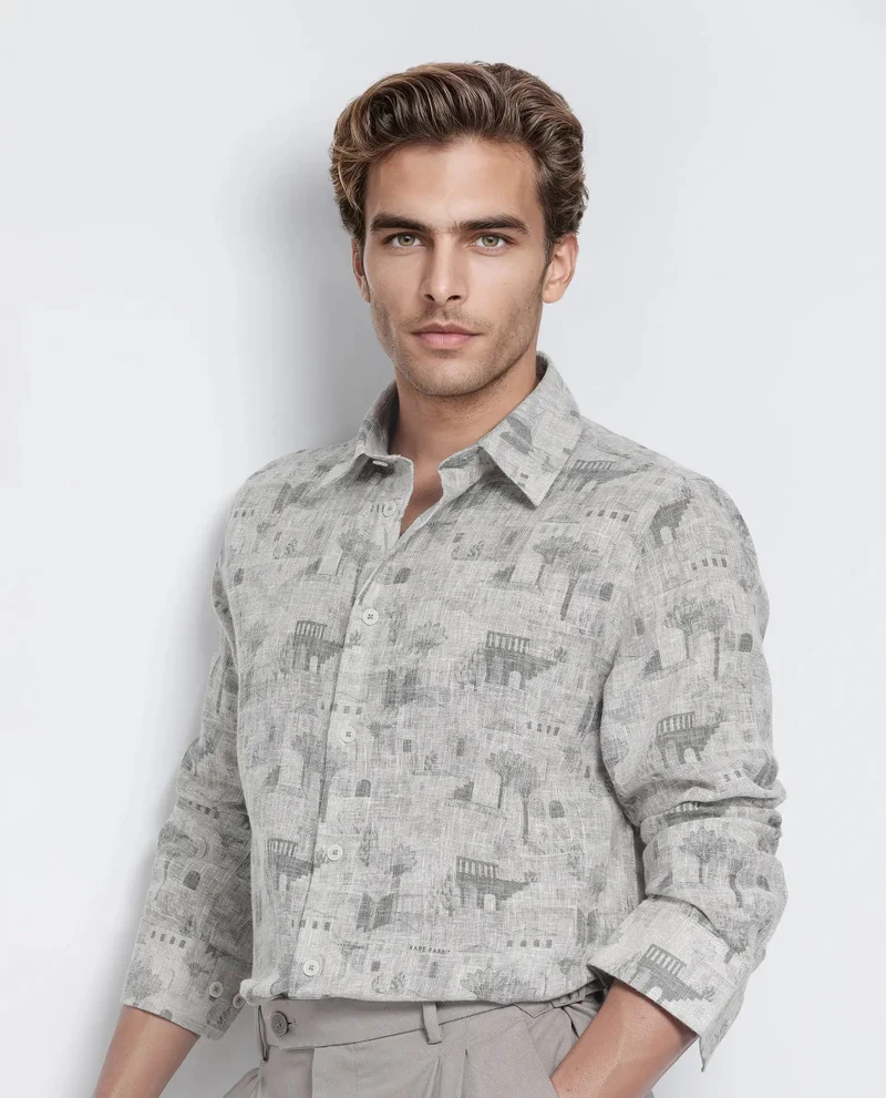 Rare Rabbit Rare Rabbit Men's Dine Khaki Cotton Fabric Full Sleeve Collared Neck Button Closure Printed Shirt