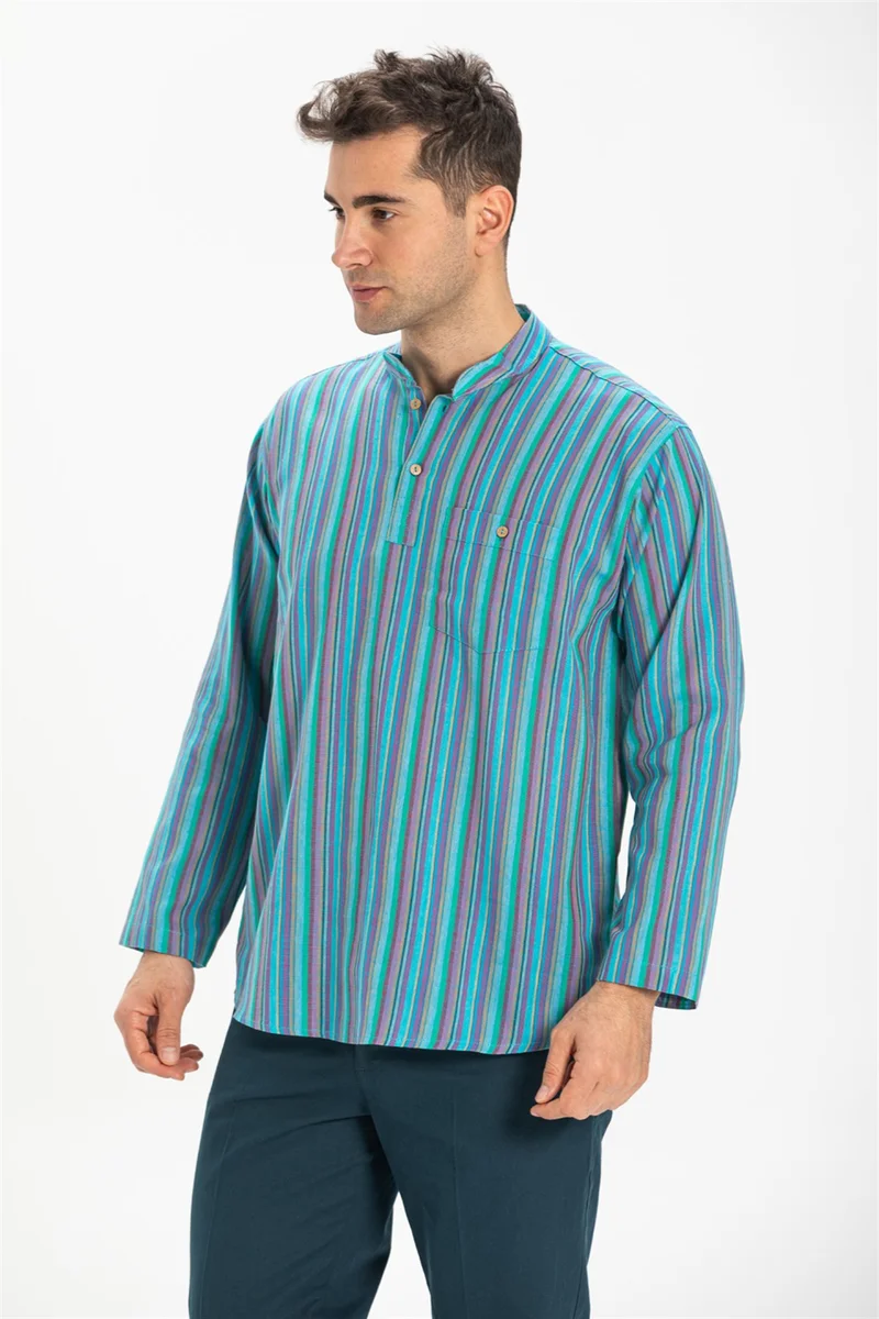 اليش شيل بيزي Long Sleeve Şile Cloth Single Pocket Classic Collar Men's Tshirt Turquoise Striped 3071