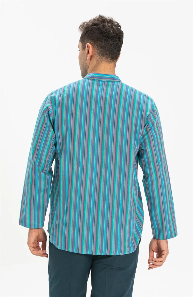 اليش شيل بيزي Long Sleeve Şile Cloth Single Pocket Classic Collar Men's Tshirt Turquoise Striped 3071
