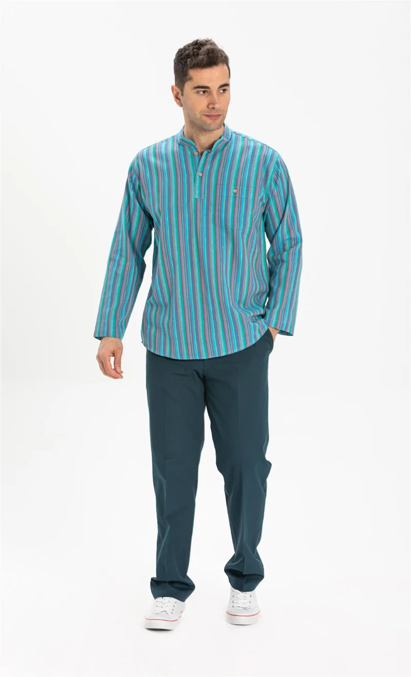اليش شيل بيزي Long Sleeve Şile Cloth Single Pocket Classic Collar Men's Tshirt Turquoise Striped 3071