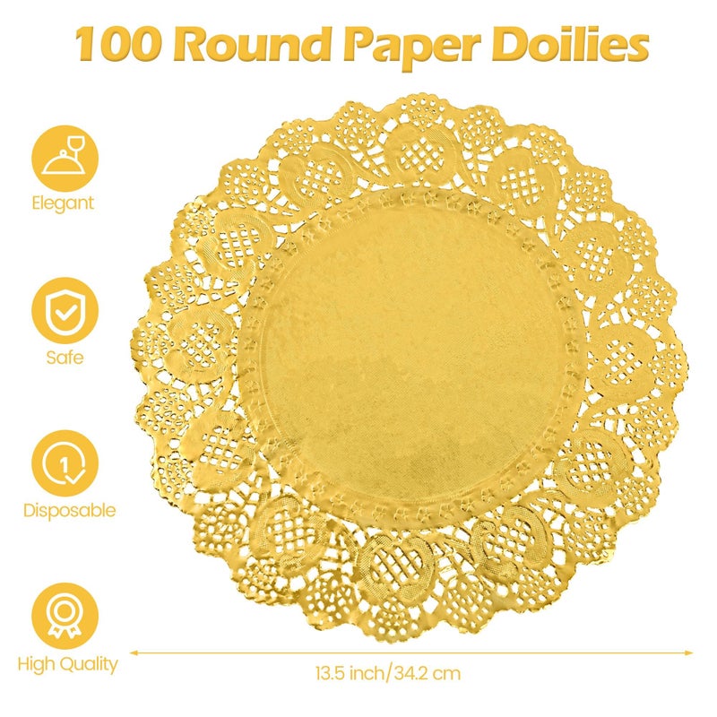 MCEAST 100 Pack Round Gold Paper Doilies 13.5 Inches Lace Place Mats Rustic Scallop Doily Disposable Paper Table Pads for Food Cakes Crafts Party Weddings Tableware Decor - Image 2