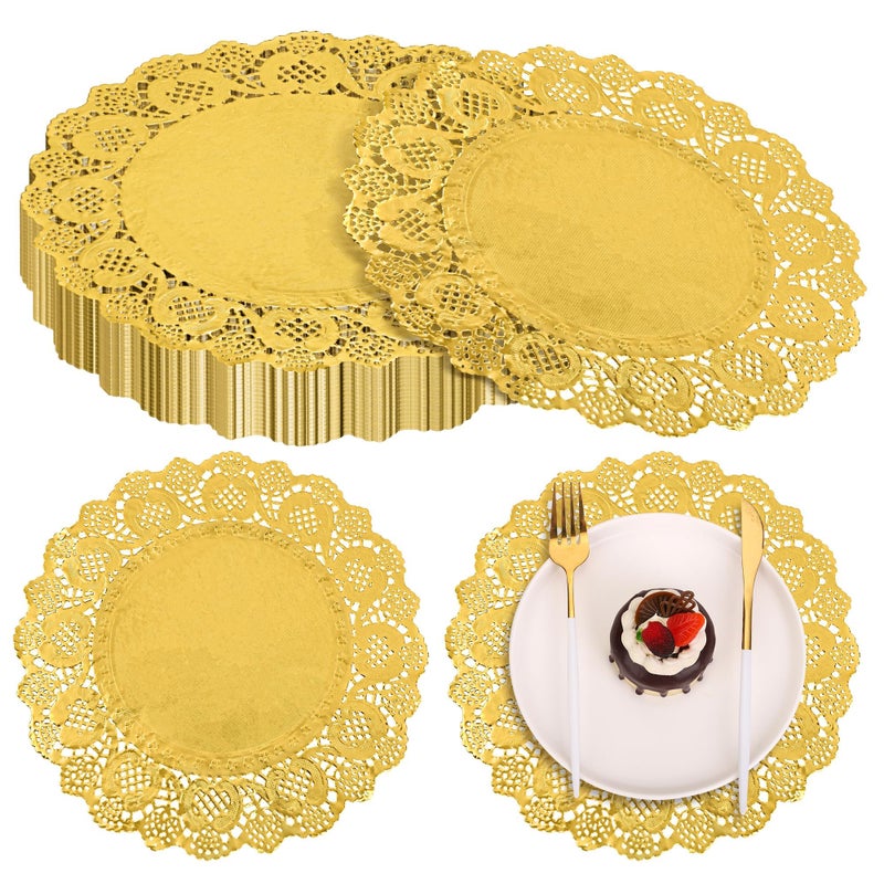 MCEAST 100 Pack Round Gold Paper Doilies 13.5 Inches Lace Place Mats Rustic Scallop Doily Disposable Paper Table Pads for Food Cakes Crafts Party Weddings Tableware Decor - Image 1