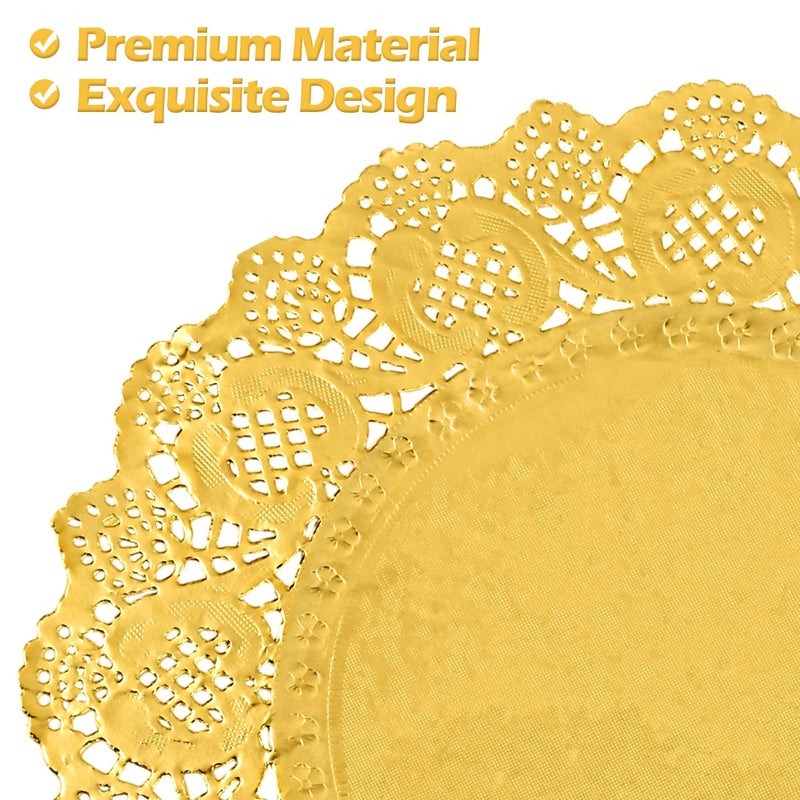 MCEAST 100 Pack Round Gold Paper Doilies 13.5 Inches Lace Place Mats Rustic Scallop Doily Disposable Paper Table Pads for Food Cakes Crafts Party Weddings Tableware Decor - Image 3