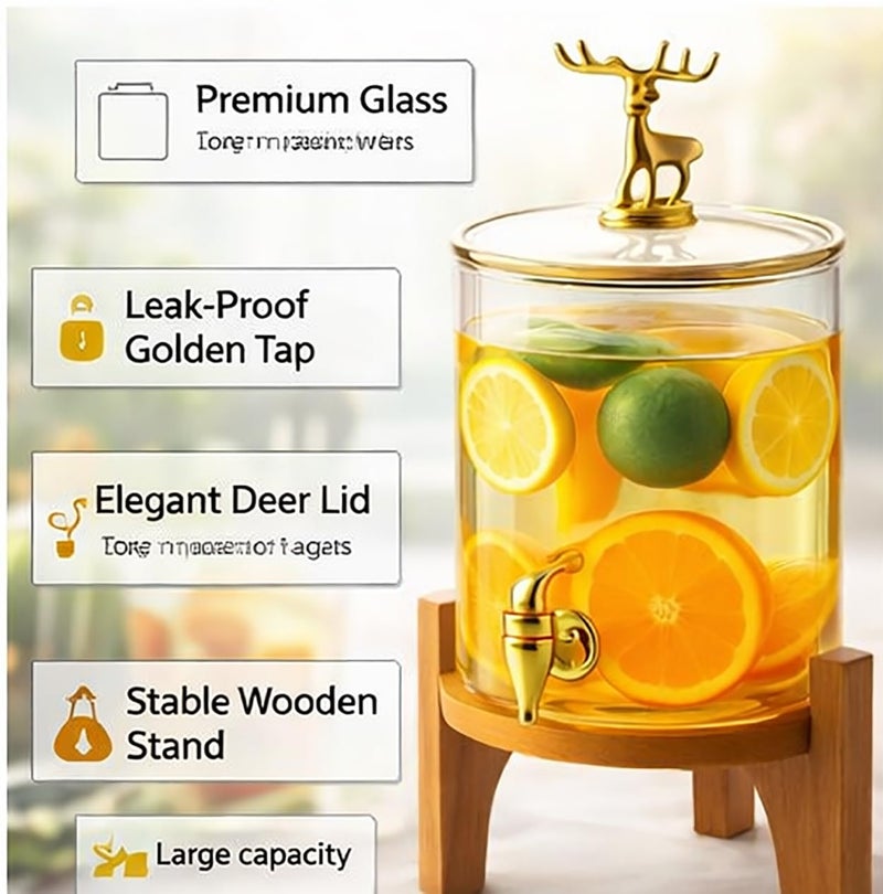 Bellemax 3 Litre Glass Iced Drink Dispenser with Spout & Tap, Glass Lid and Wooden Stand – Cold Beverage Dispenser for Beer, Water, Cocktails, Detox Drinks, Perfect for Parties & Events (BS-04) - Image 2