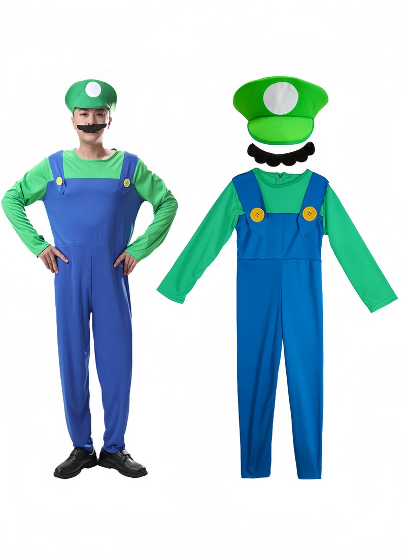 GGEROU Halloween Plumber Costume Outfits for Adult Cosplay Fancy Dress up with Bros Hats Cap Mustaches Mario Costume Luigi Costume Set - Image 1