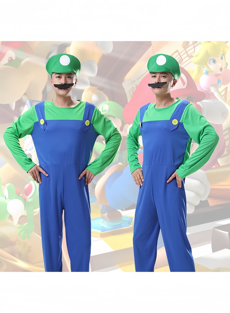 GGEROU Halloween Plumber Costume Outfits for Adult Cosplay Fancy Dress up with Bros Hats Cap Mustaches Mario Costume Luigi Costume Set - Image 4