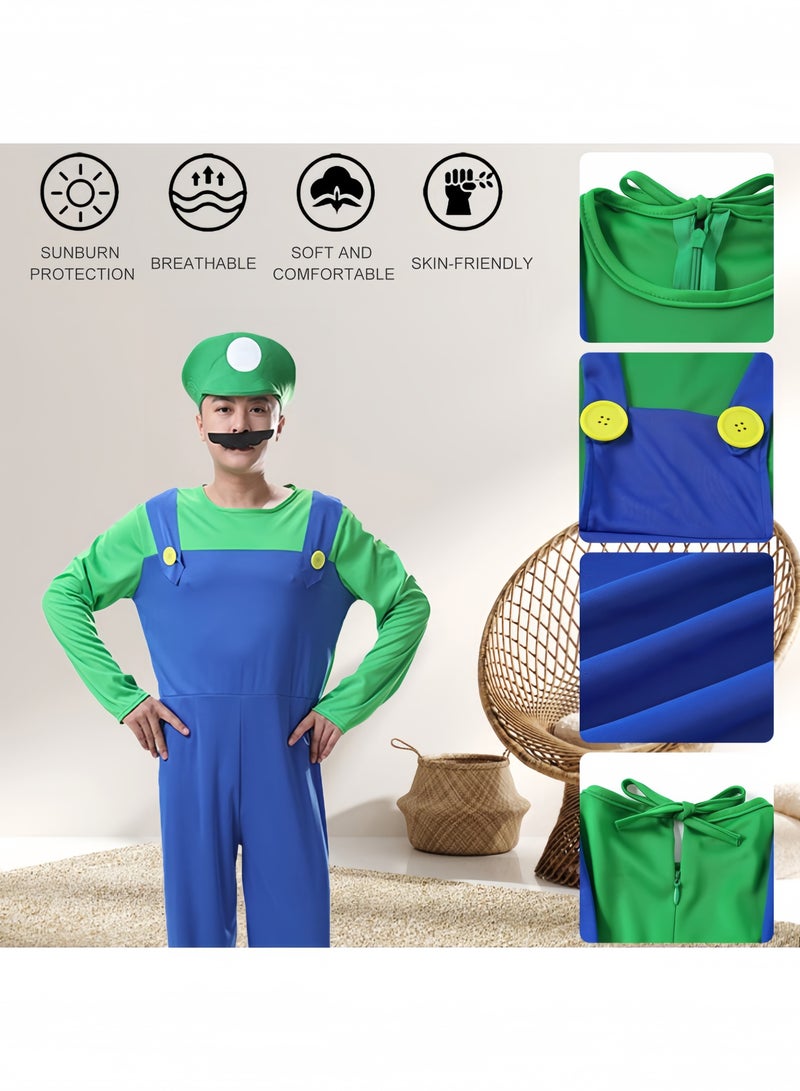 GGEROU Halloween Plumber Costume Outfits for Adult Cosplay Fancy Dress up with Bros Hats Cap Mustaches Mario Costume Luigi Costume Set - Image 3