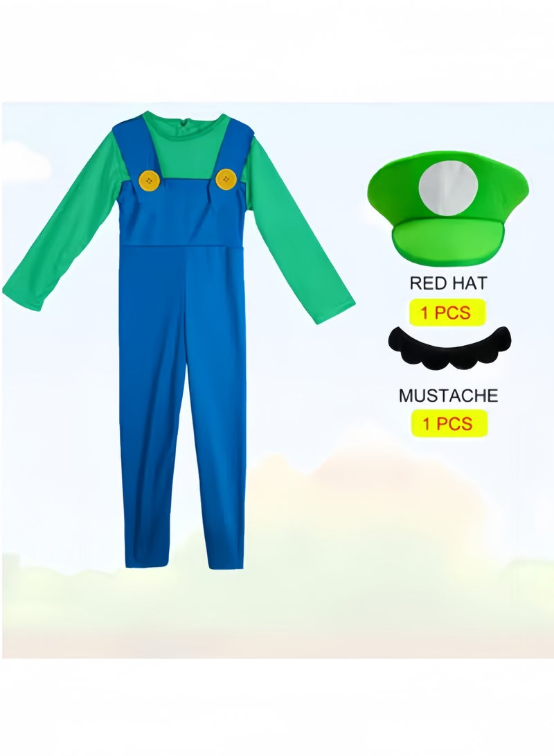 GGEROU Halloween Plumber Costume Outfits for Adult Cosplay Fancy Dress up with Bros Hats Cap Mustaches Mario Costume Luigi Costume Set - Image 2