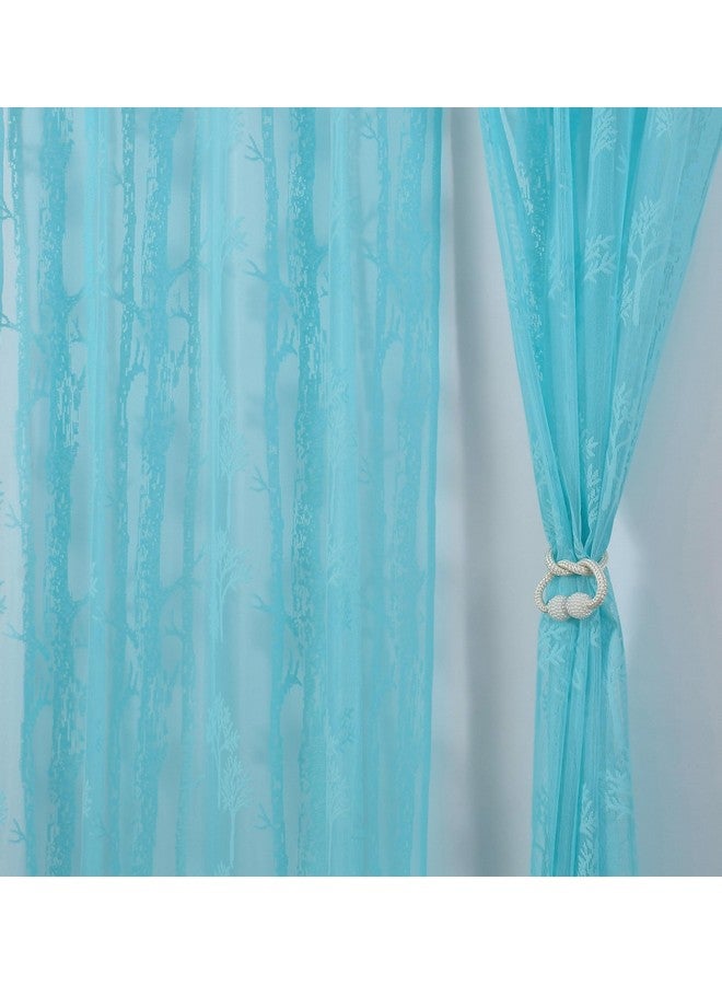 Homefab India Pack of 2 Tissue Curtains Sheer Panel Transparent Net - 5 feet, Window, Aqua Blue, Floral - Image 1
