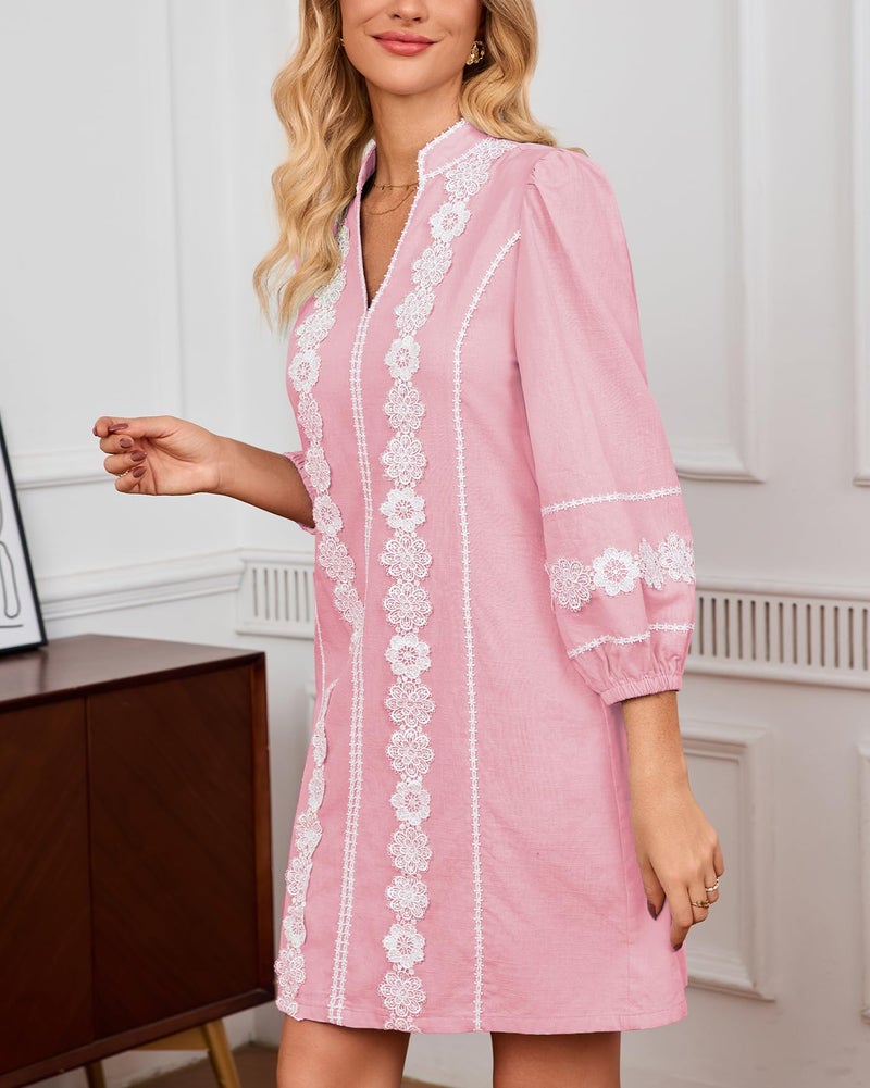 YEXPINE Women's Embroidered Lace Floral Tunic Dress 3/4 Puff Sleeve V Neck Mini Dress with Pockets Pink - Image 2