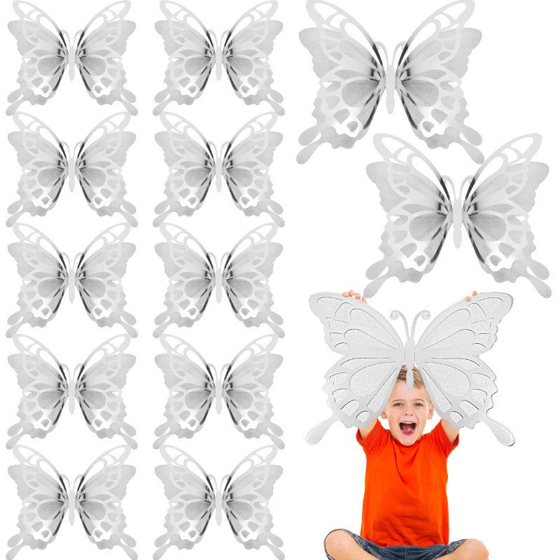 جيي Geyee 12 PCS 3D Brace Butterfly Party Decoration Paper Stickers Butterfly في 2 جدارية مختلفة من الجدار الجداري لزفاف غرفة نوم استحمام الطفل (Silver) - Image 1
