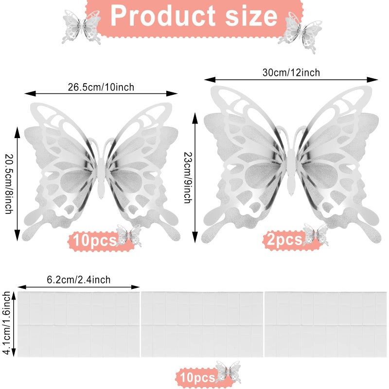 جيي Geyee 12 PCS 3D Brace Butterfly Party Decoration Paper Stickers Butterfly في 2 جدارية مختلفة من الجدار الجداري لزفاف غرفة نوم استحمام الطفل (Silver) - Image 2