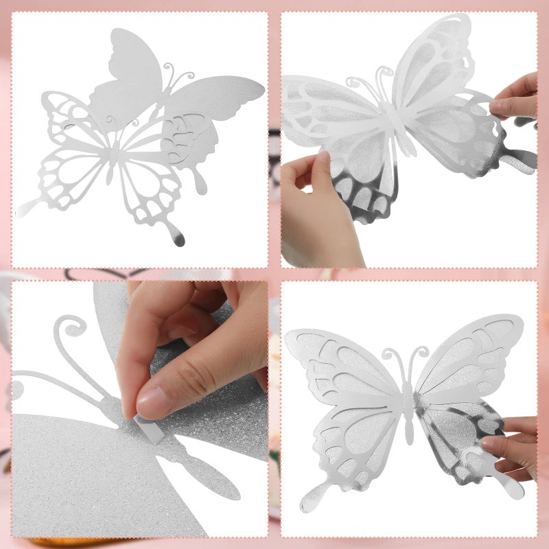 جيي Geyee 12 PCS 3D Brace Butterfly Party Decoration Paper Stickers Butterfly في 2 جدارية مختلفة من الجدار الجداري لزفاف غرفة نوم استحمام الطفل (Silver) - Image 3
