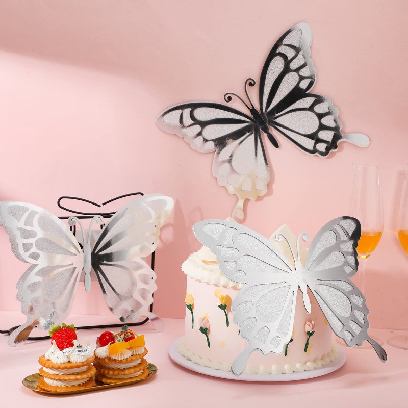 جيي Geyee 12 PCS 3D Brace Butterfly Party Decoration Paper Stickers Butterfly في 2 جدارية مختلفة من الجدار الجداري لزفاف غرفة نوم استحمام الطفل (Silver) - Image 4