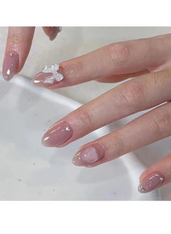 JOSQUEWNN French Tip Press on Nails,Nude Pink Solid Color Wearable Nails with White Bow and Heart,24Pcs,Fake Acrylic Nails With Glue Kit.  - Image 1