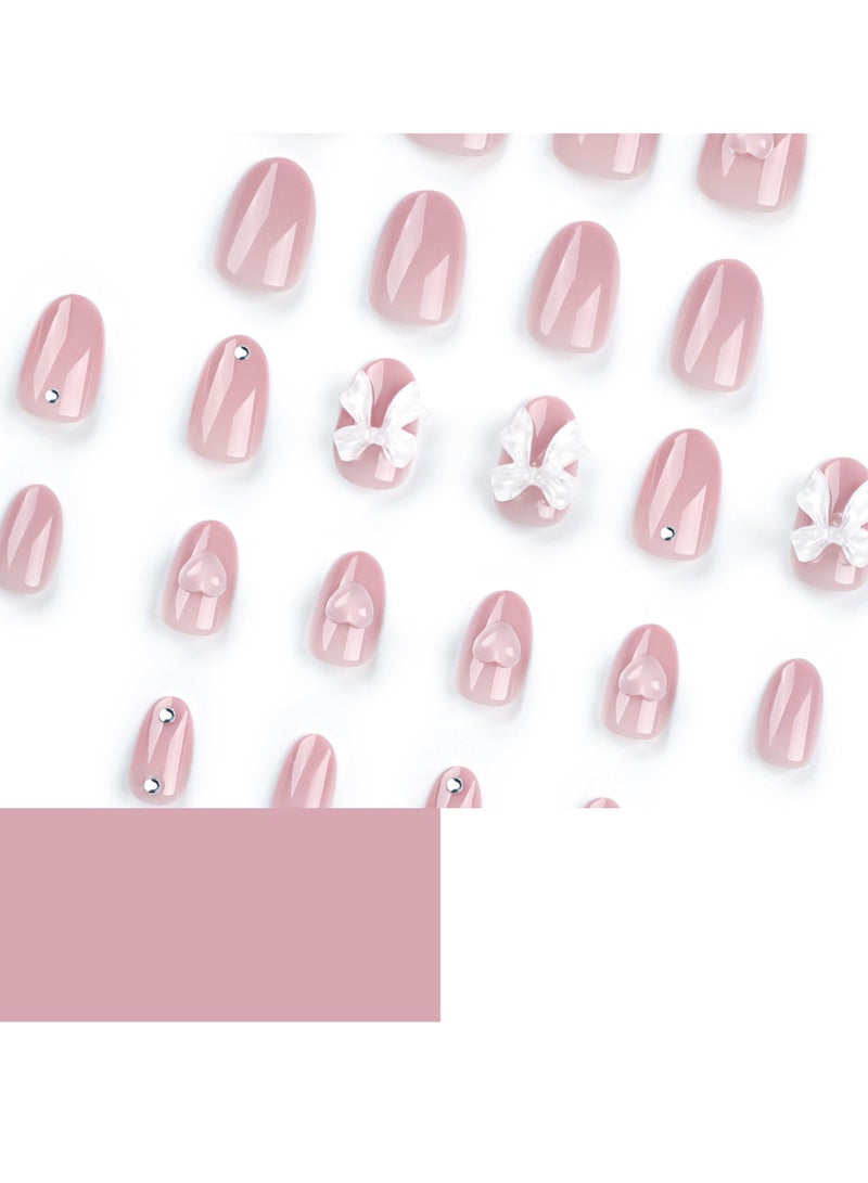 جوسكوين أظافر صناعية فرنسية، أظافر بلون وردي نيود موحد قابلة للارتداء مع فيونكة وقلب أبيض، 24 قطعة، أظافر أكريليك وهمية مع مجموعة أدوات الغراء. - Image 3